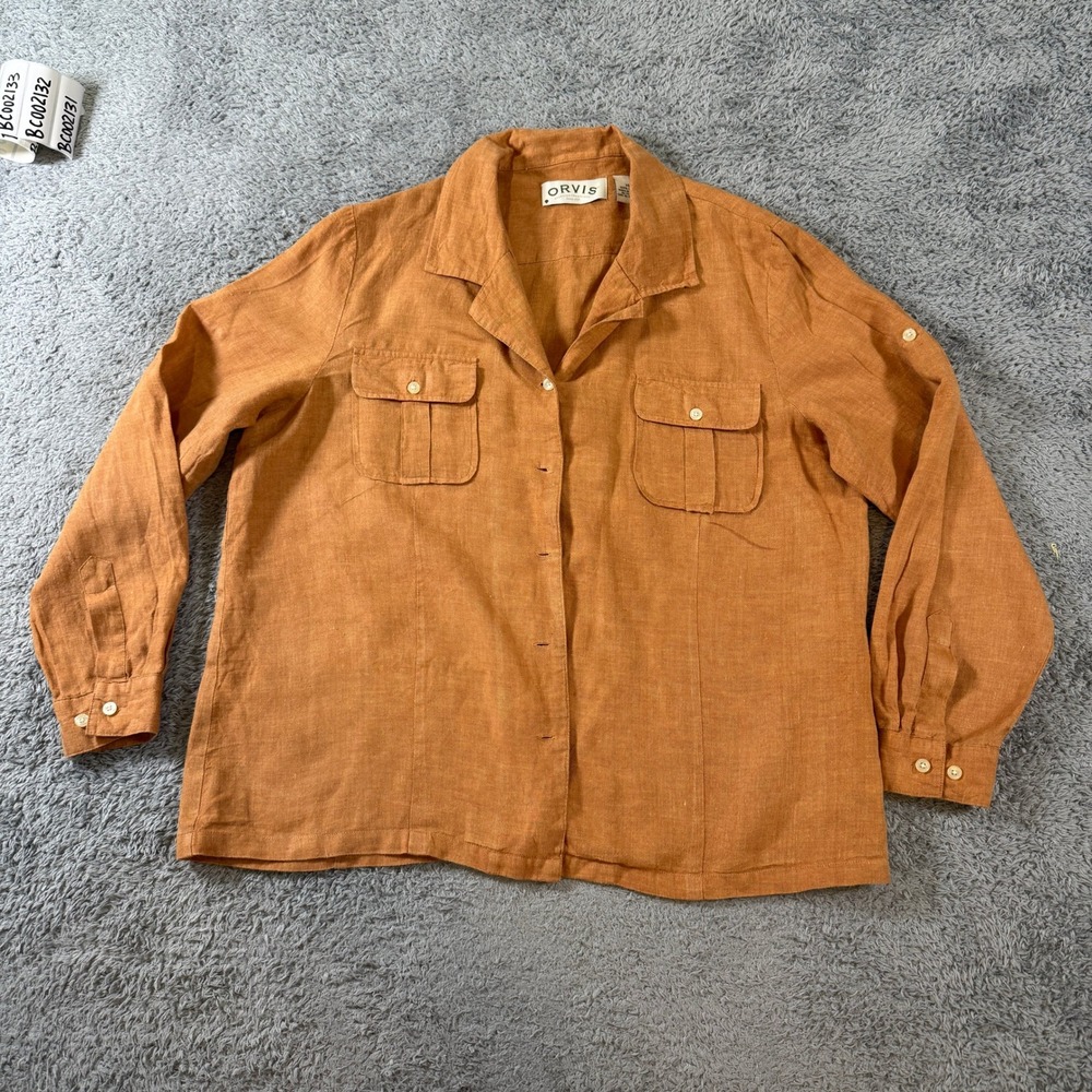 Orvis Linen Button Down Shirt Womens 14 Burnt Orange Utility Roll Tab Sleeve